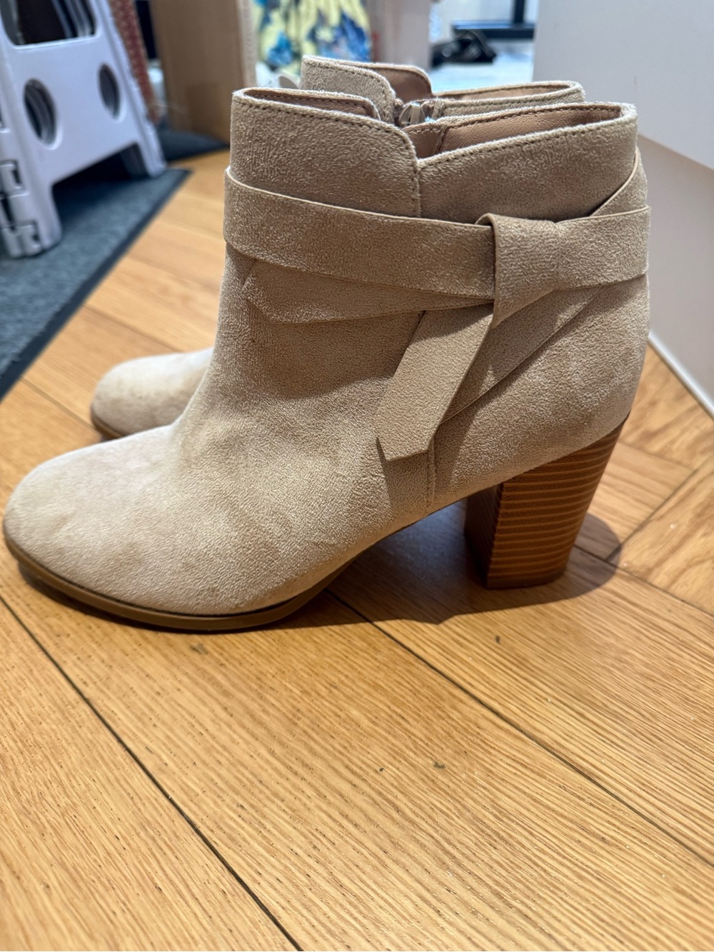 Women's Suede Ankle Booties with Knot Wrap Detail - Taupe